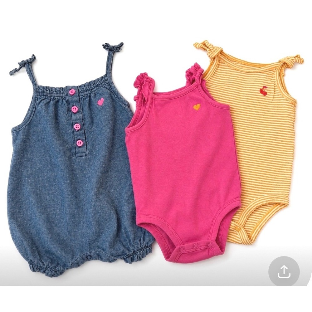 Carters Girls Bundle - Denim Romper & 2 Onesies Pink Orange/White - 9 mos